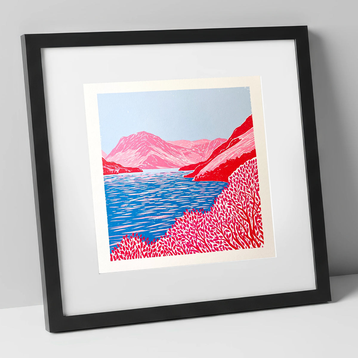 Vibrant Red Crummock Water lake district lake art print in black frame