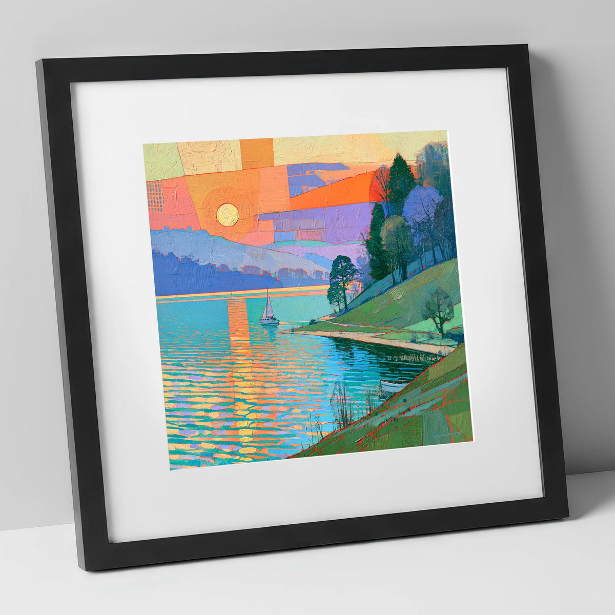 Orange Sunset Over Lakeland Water lake district lake art print in black frame