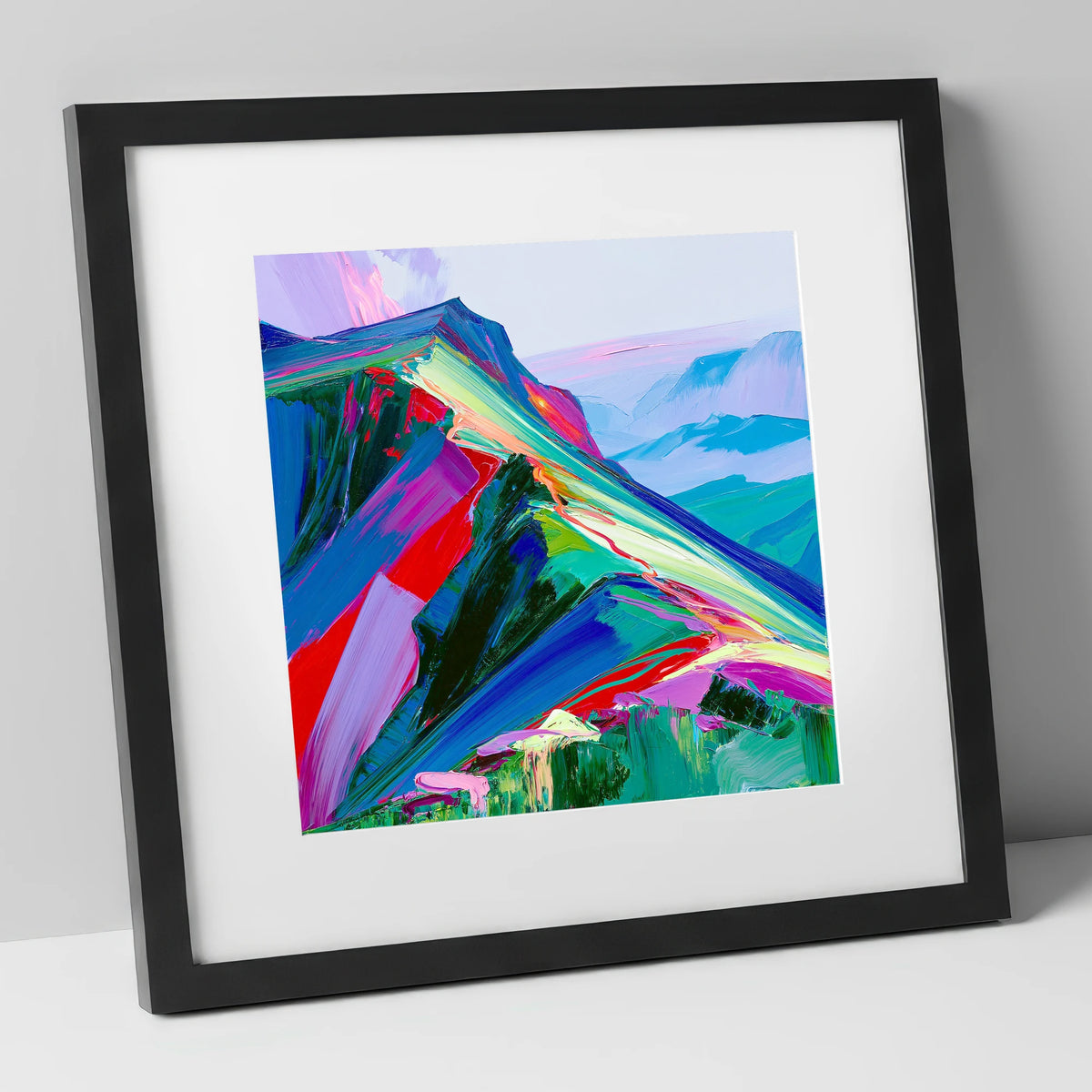Colourful Misty Mountain Ridge lake district fell art print in black frame