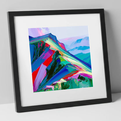 Colourful Misty Mountain Ridge lake district fell art print in black frame