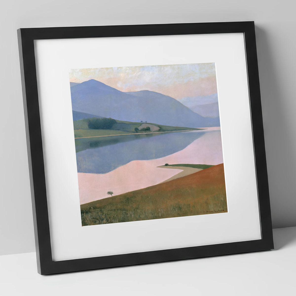 Pastel Fells and Still Lake lake district lake art print in black frame