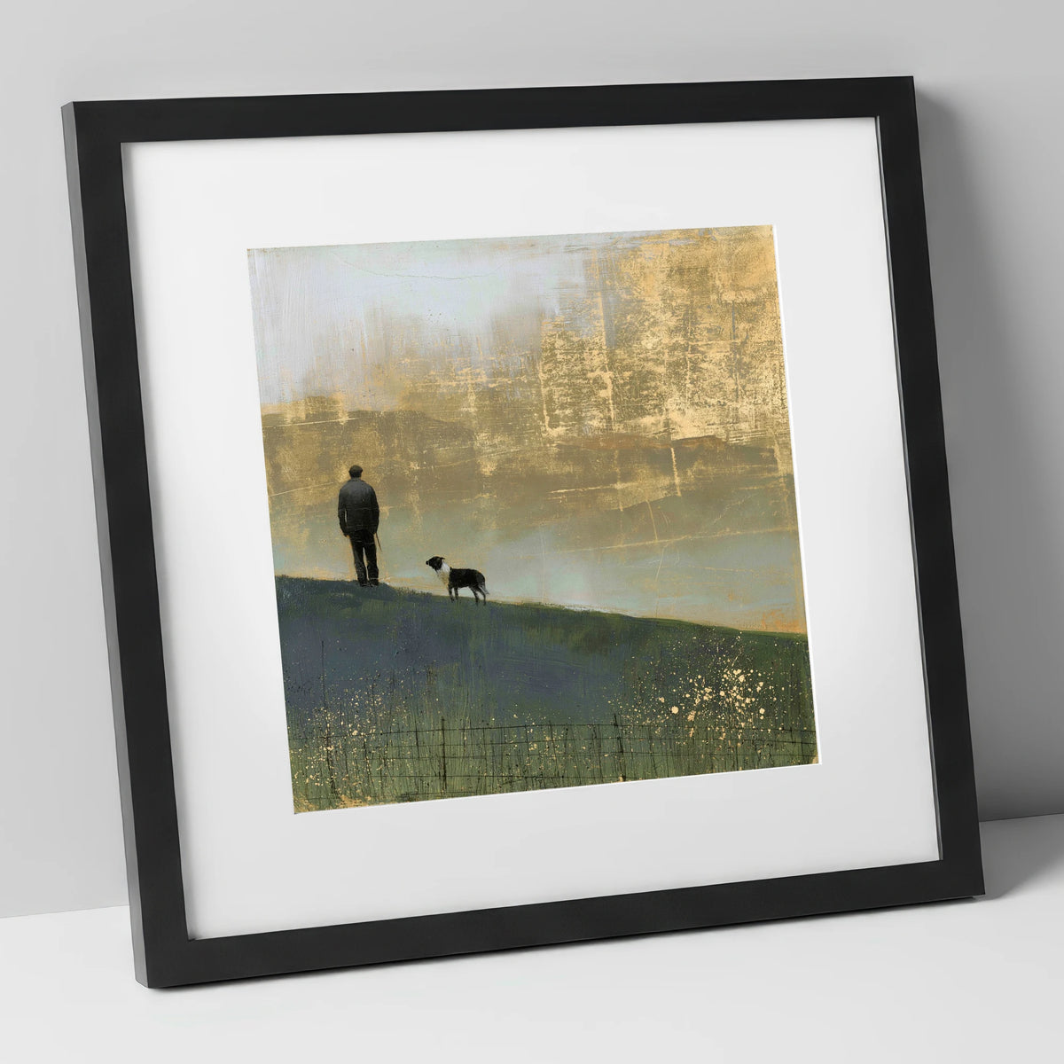 Shepherd and Dog in Golden Mist lake district wildlife art print in black frame