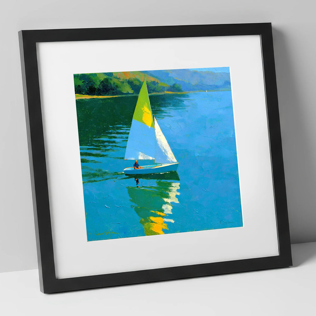 Blue Lake Sailing in Summer Light lake district walking art print in black frame