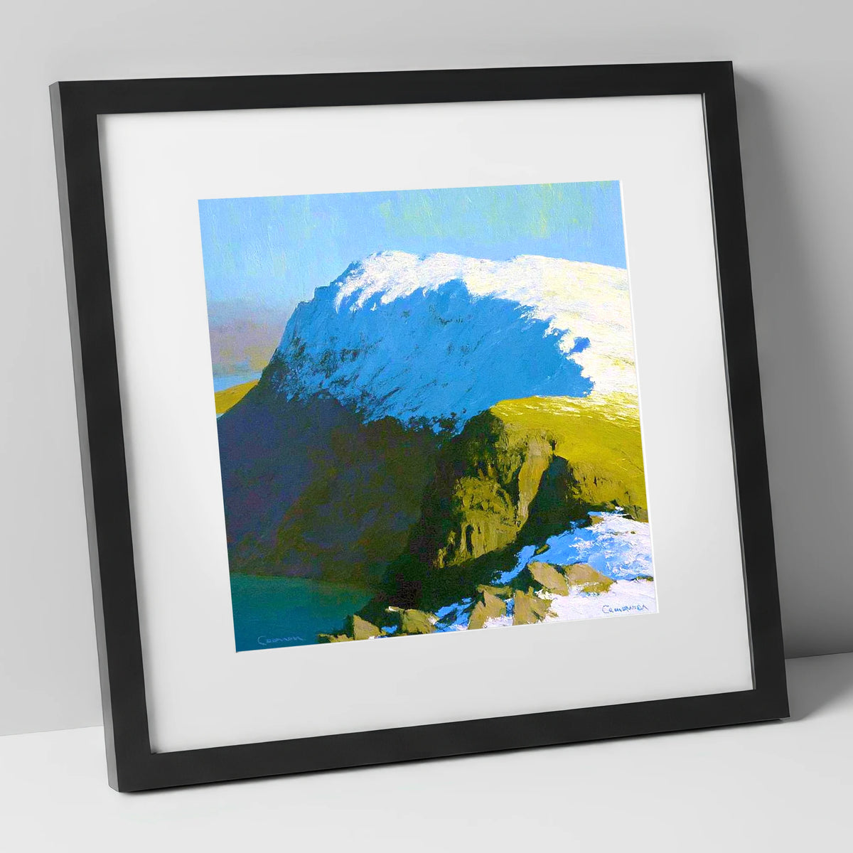 Snowy Ridge on Grey Friar lake district fell art print in black frame
