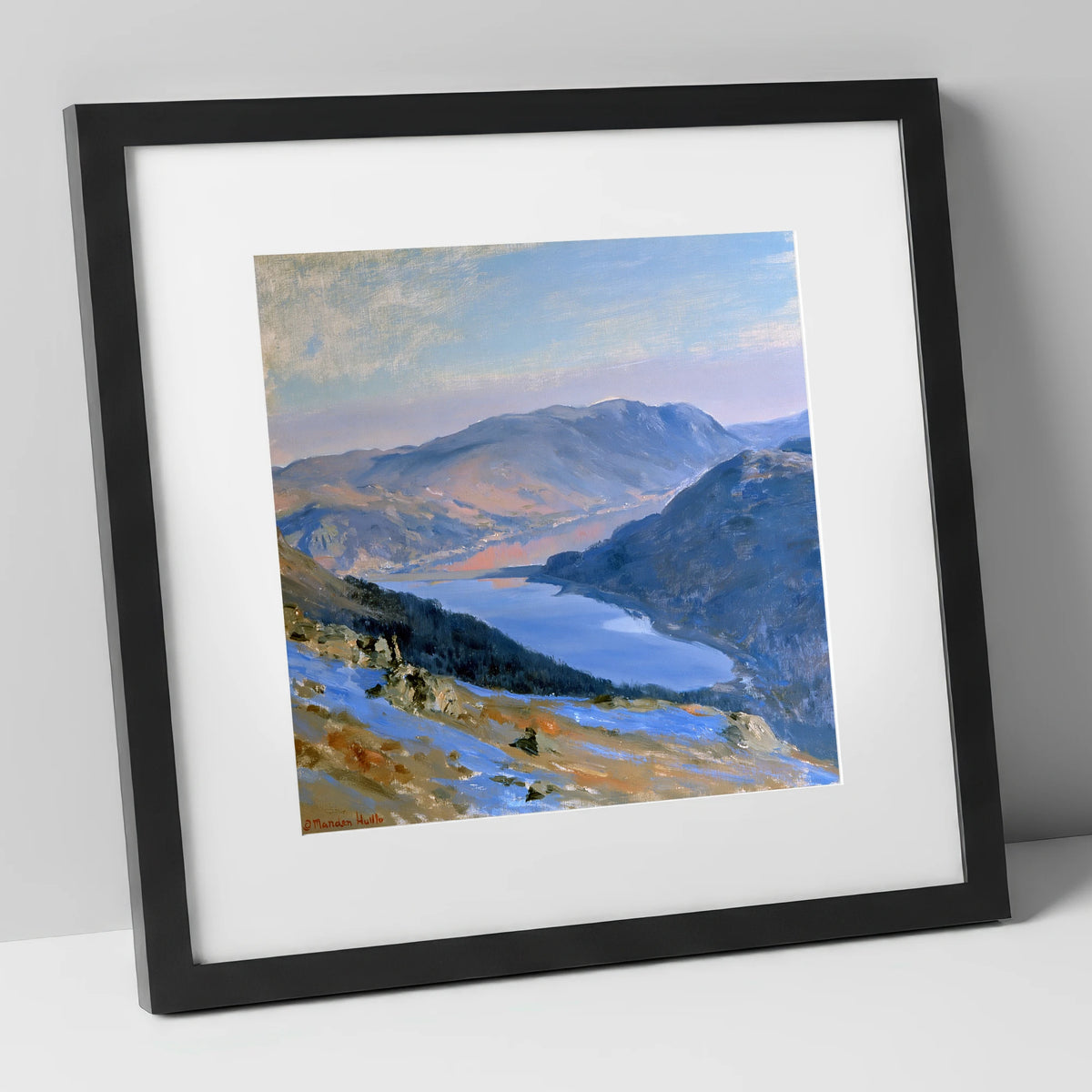 Sunlit Thirlmere from Western Fells lake district lake art print in black frame
