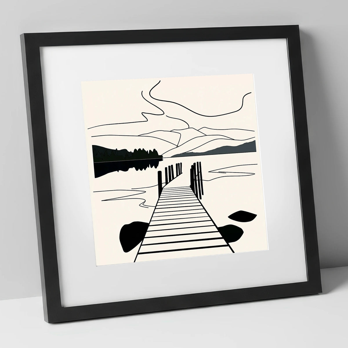 Minimalist Waterhead Jetty Ambleside lake district village art print in black frame
