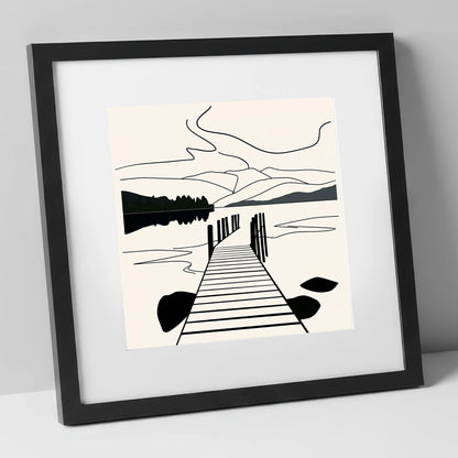 Minimalist Waterhead Jetty Ambleside lake district village art print in black frame