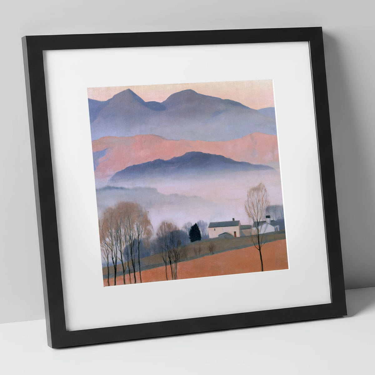 Pastel Fells and Morning Mist lake district sky art print in black frame