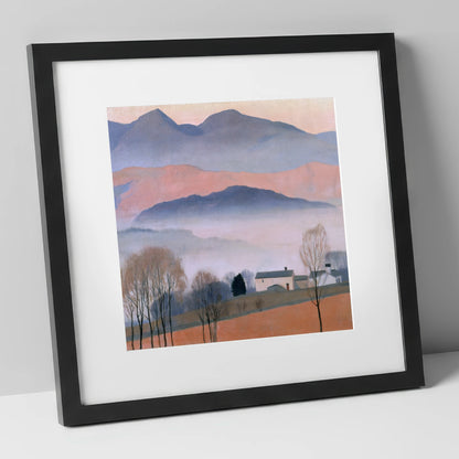 Pastel Fells and Morning Mist lake district sky art print in black frame
