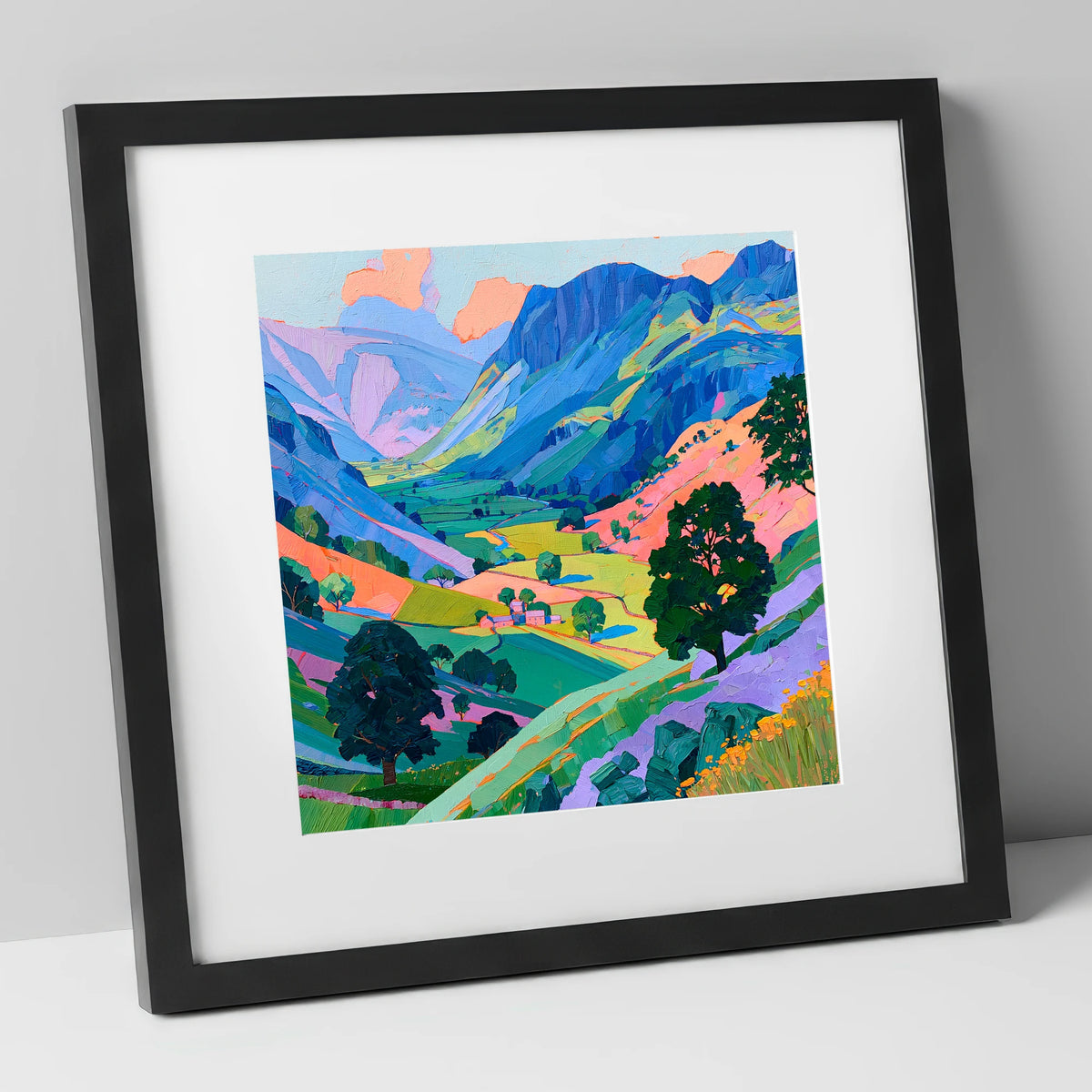 Vibrant Valley Between Blue Fells lake district valley art print in black frame
