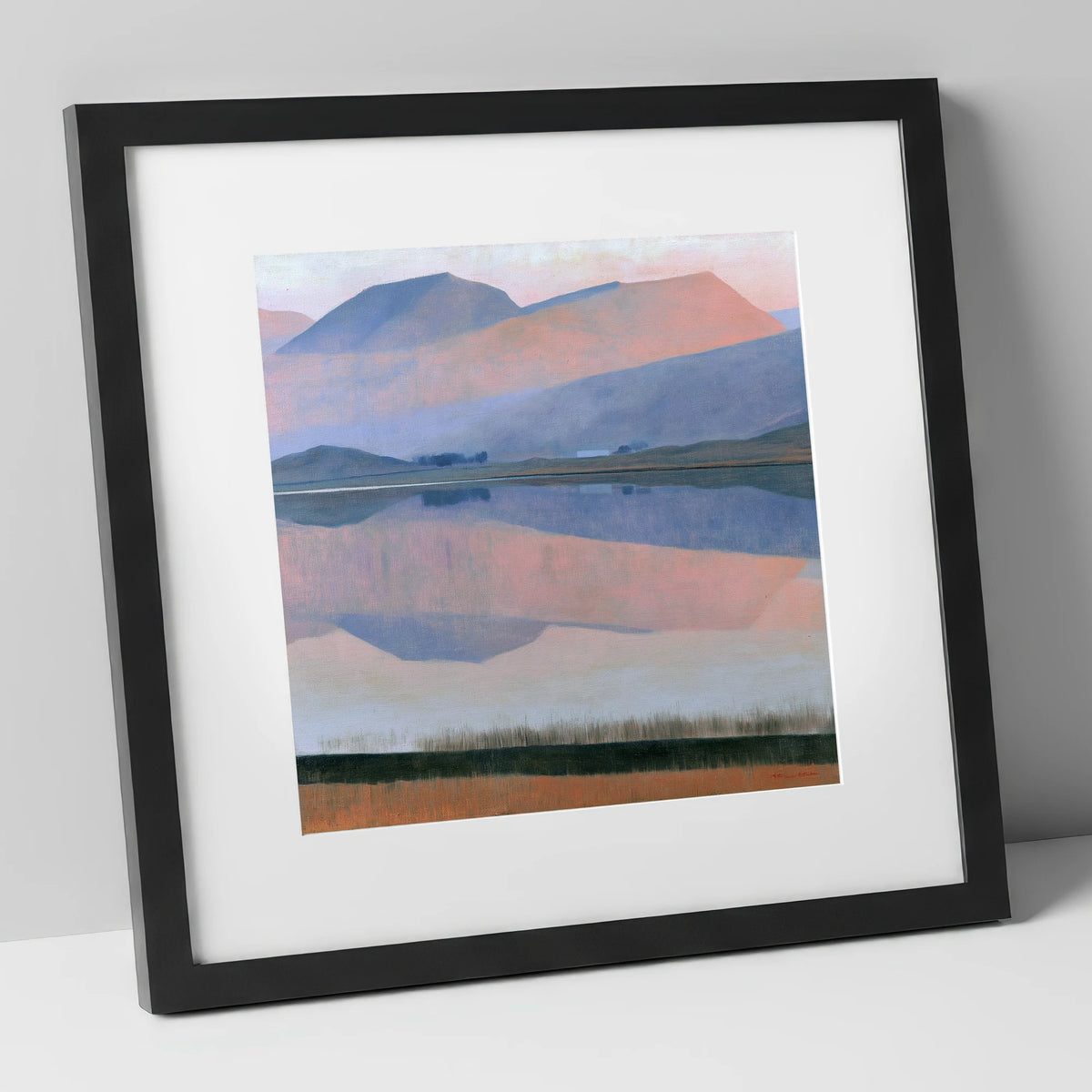 Pastel Fells and Lake Reflection lake district lake art print in black frame