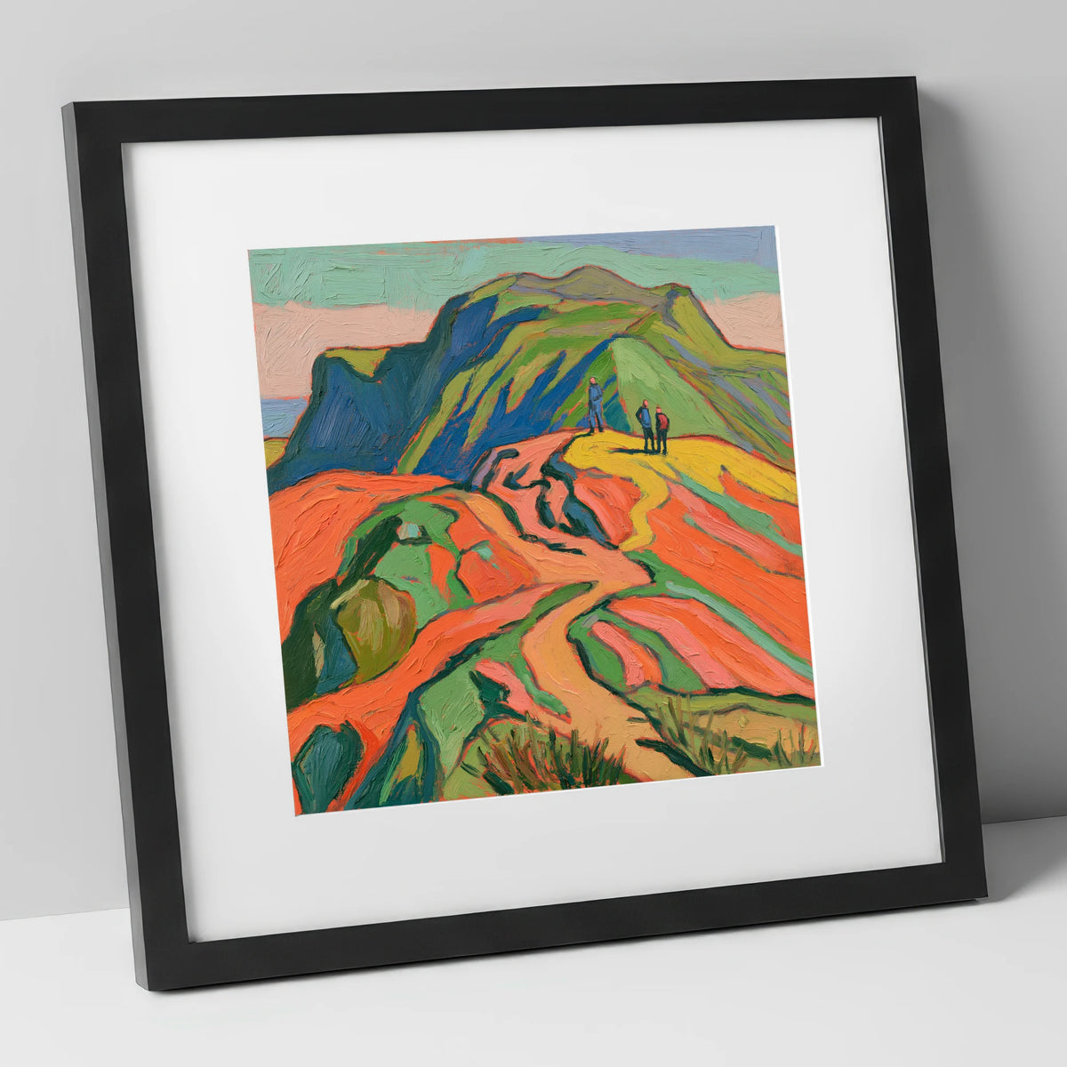 Vibrant Fell Walkers on the Ridge lake district fell art print in black frame