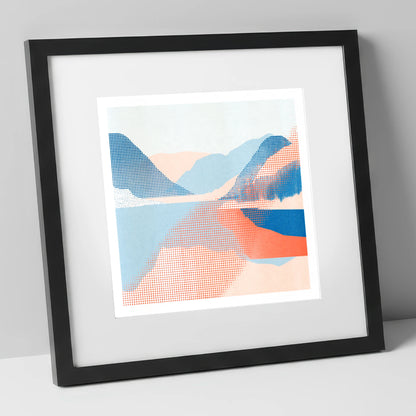 Abstract Halftone Buttermere Fells lake district lake art print in black frame