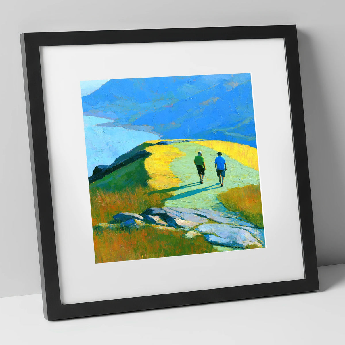 Fell Walkers on a Sunlit High Ridge lake district fell art print in black frame