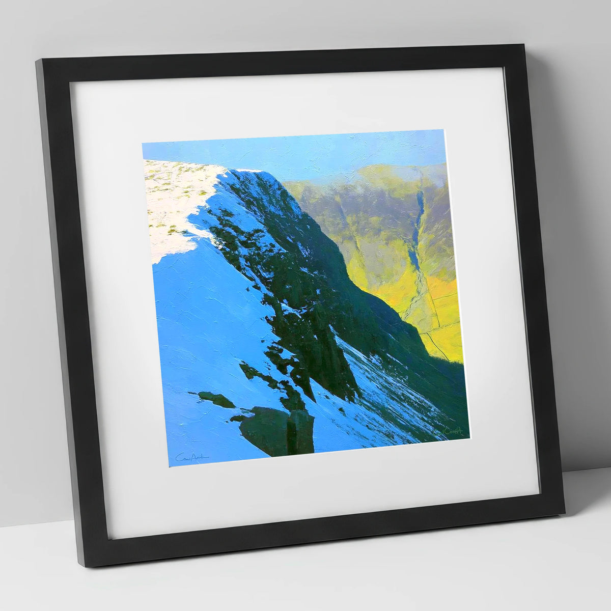 Birkhouse Moor Snowy Ridge lake district fell art print in black frame