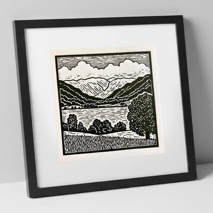 Grasmere and Fells in Monochrome lake district lake art print in black frame