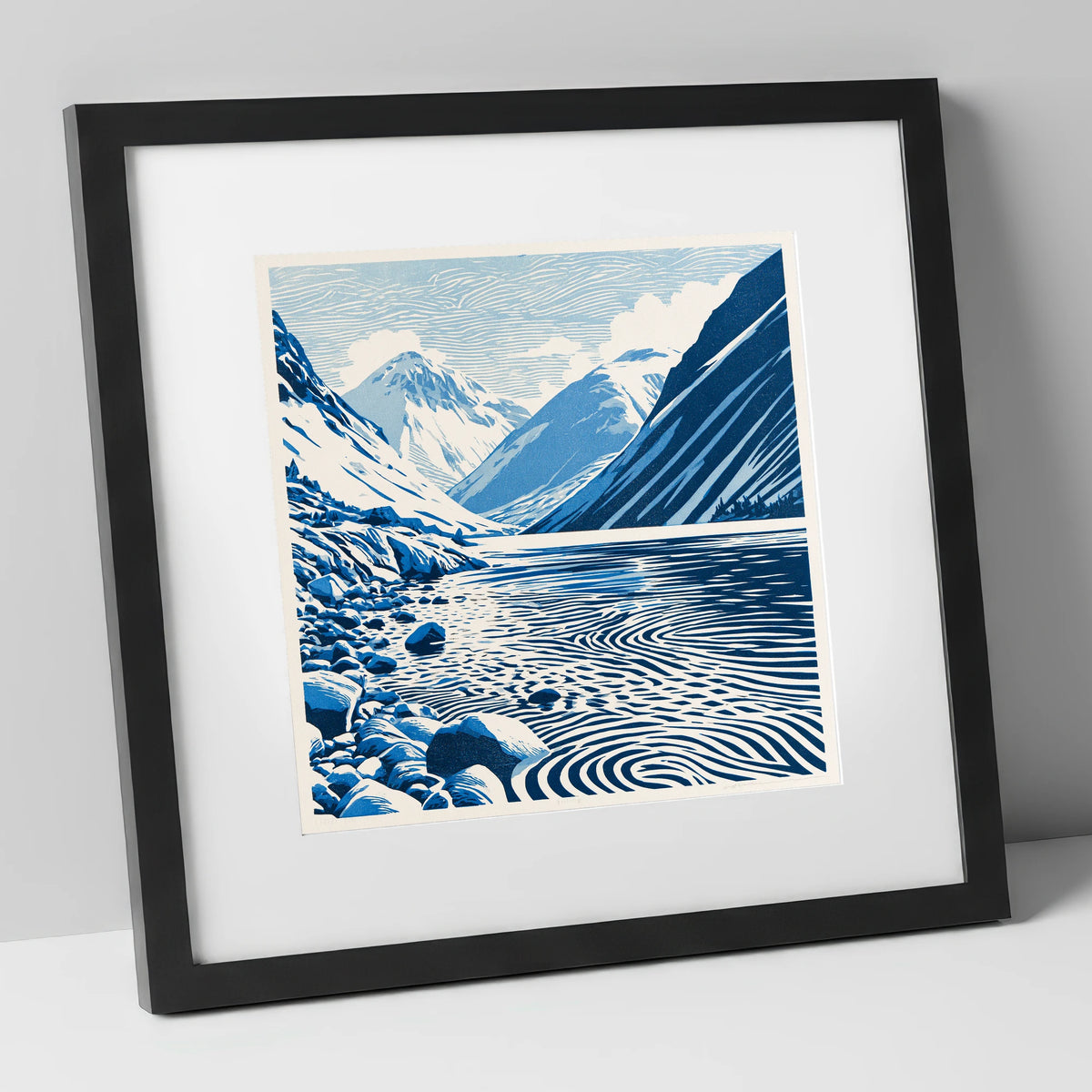 Wastwater Screes in Cobalt Blue lake district lake art print in black frame