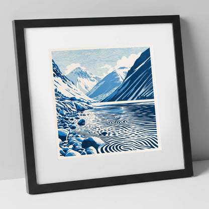 Wastwater Screes in Cobalt Blue lake district lake art print in black frame