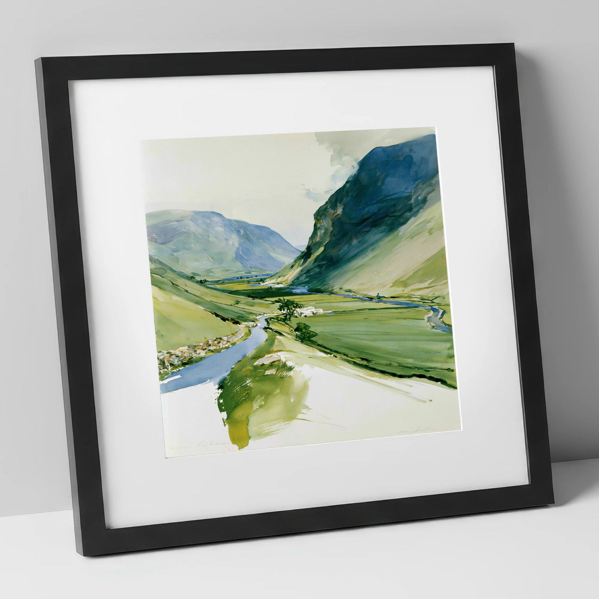 Green Valley and Winding Beck lake district valley art print in black frame