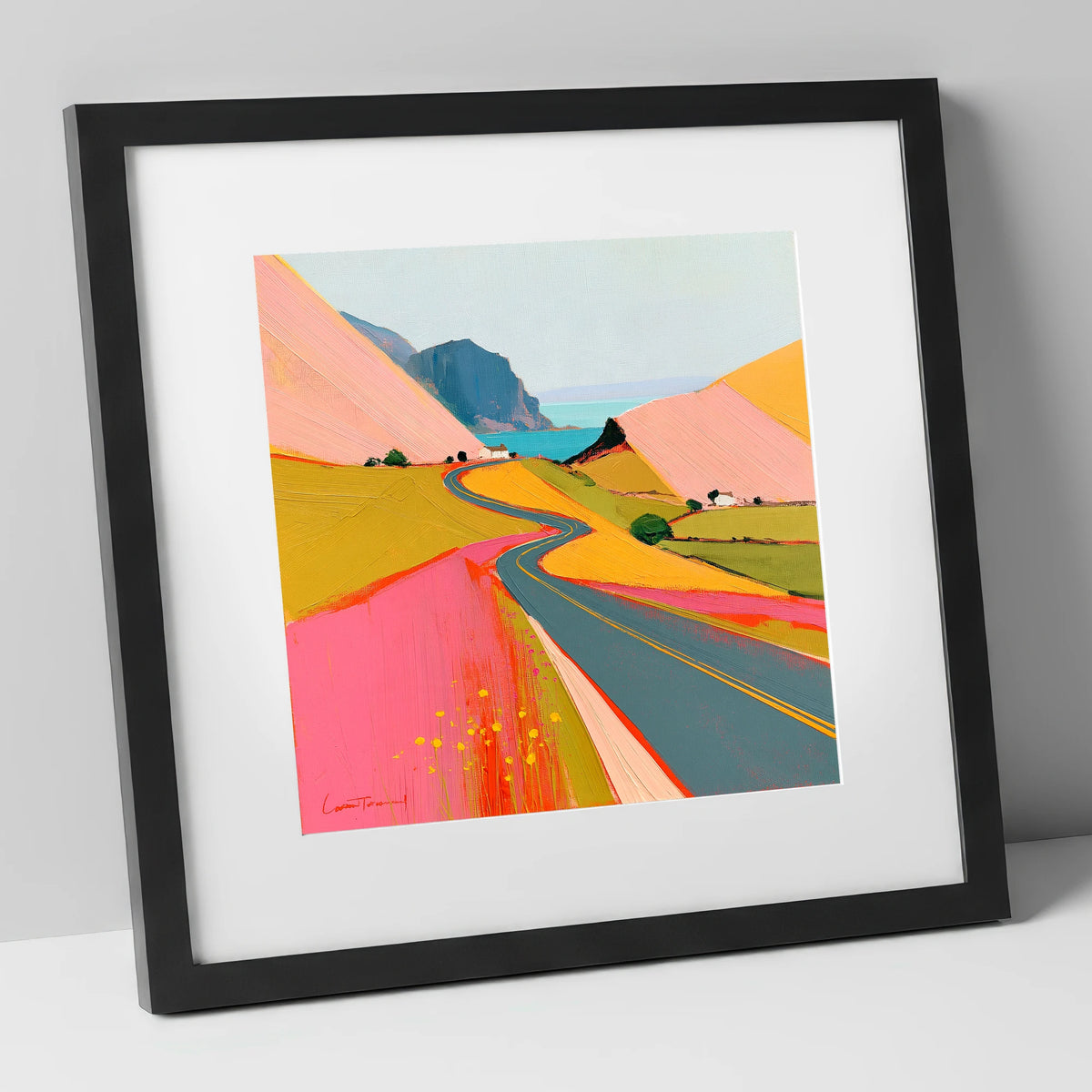 Bold Pink Mountain Pass lake district valley art print in black frame