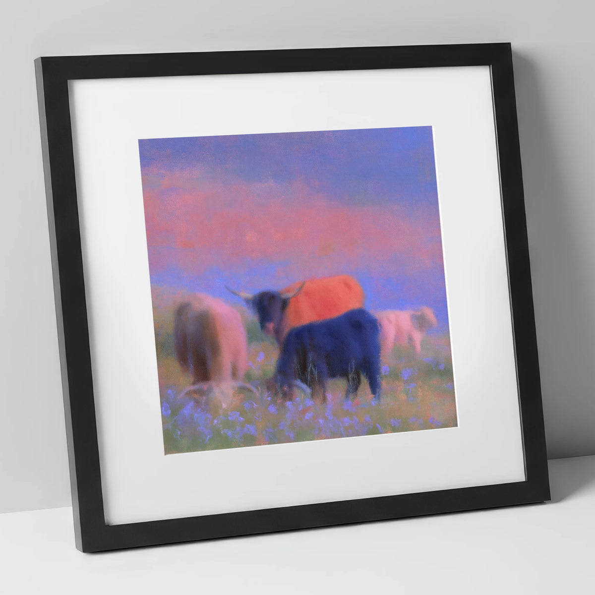Highland Cattle in Pink Twilight lake district wildlife art print in black frame