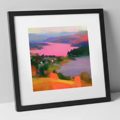 Ambleside Over Pink Waters lake district village art print in black frame