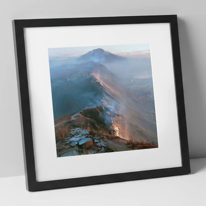 Golden Light on Mountain Ridge lake district fell art print in black frame
