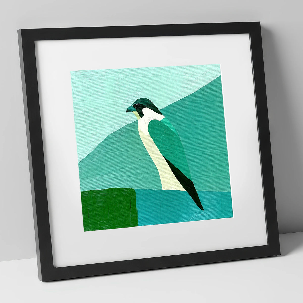 Geometric Teal Peregrine Falcon lake district wildlife art print in black frame