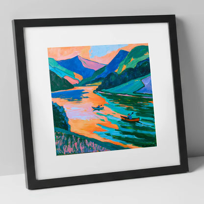 Lake Kayaking in Vivid Colour lake district walking art print in black frame