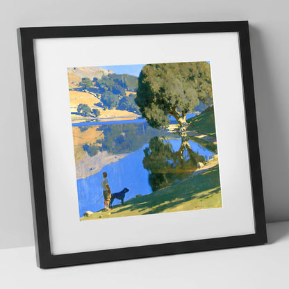 Sunlit Rydal Water Dog Walk gifts for dog walkers art print in black frame