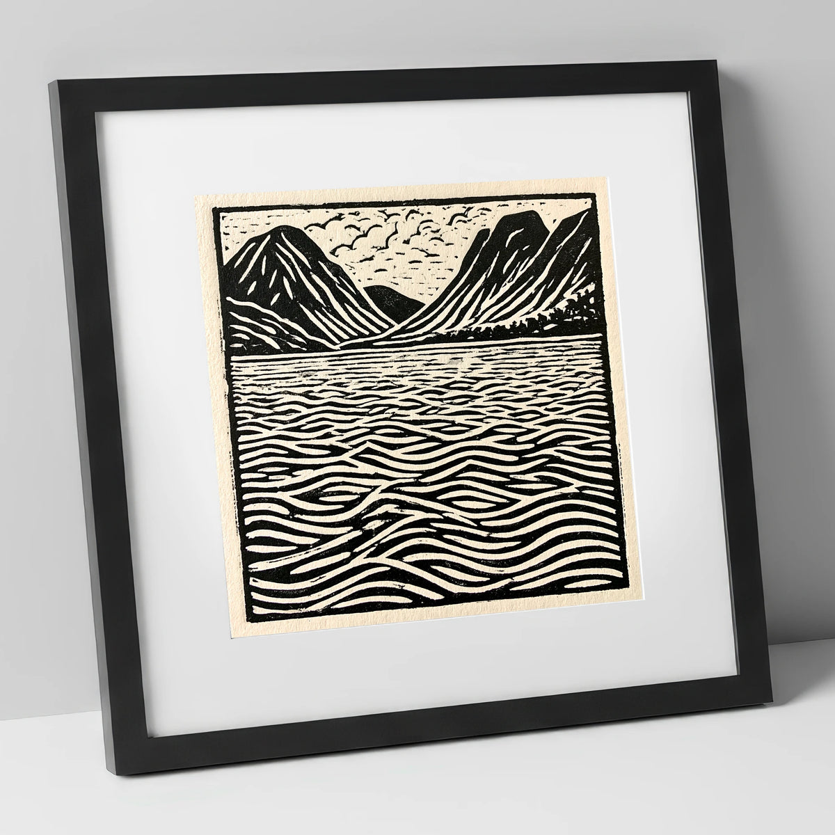 Bold Fells Over Dawn Waters lake district lake art print in black frame