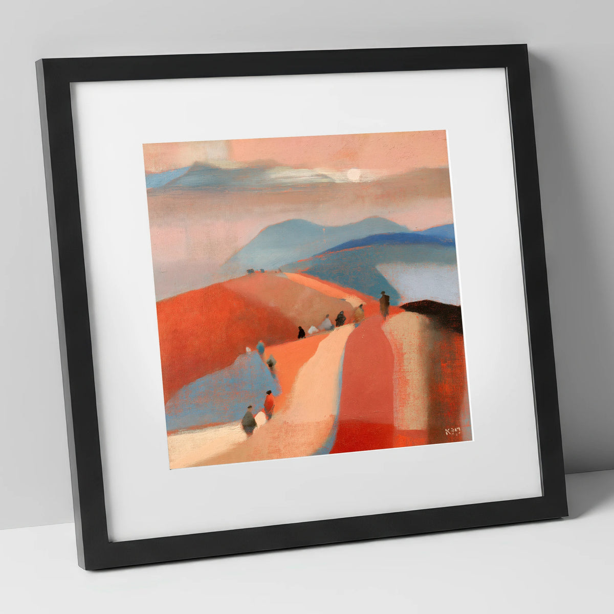 Walkers on a Sunset Mountain Path lake district walking art print in black frame