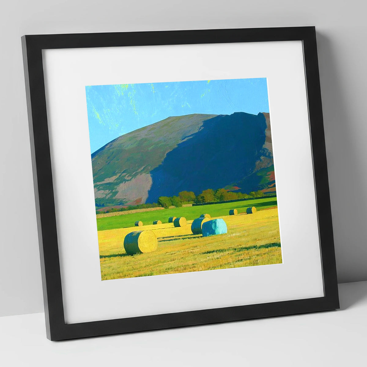 Blencathra Above Sunlit Hay Bales lake district fell art print in black frame