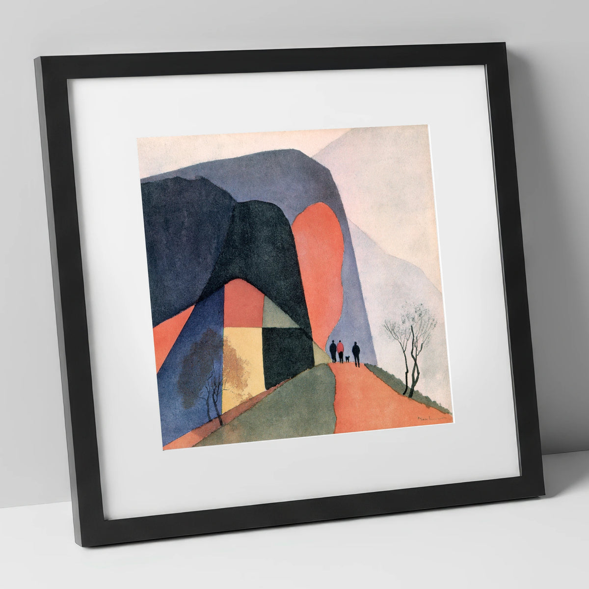 Walkers on a Terracotta Fell Path lake district walking art print in black frame