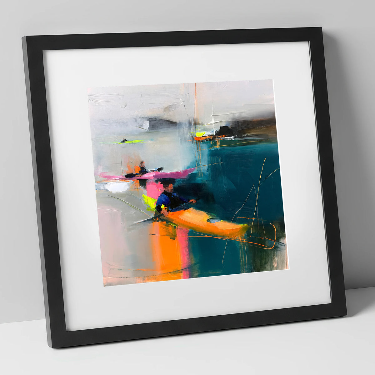 Vibrant Kayaks on Teal Water lake district walking art print in black frame