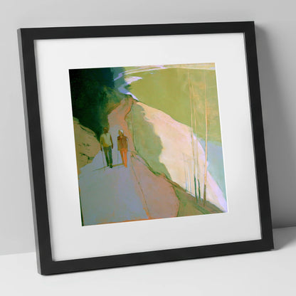 Hikers on Lakeside Mountain Path lake district walking art print in black frame