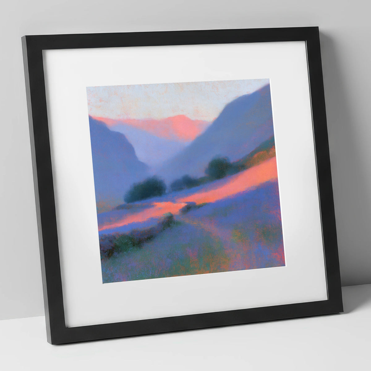 Pink Light Over Valley Drystone Wall lake district valley art print in black frame