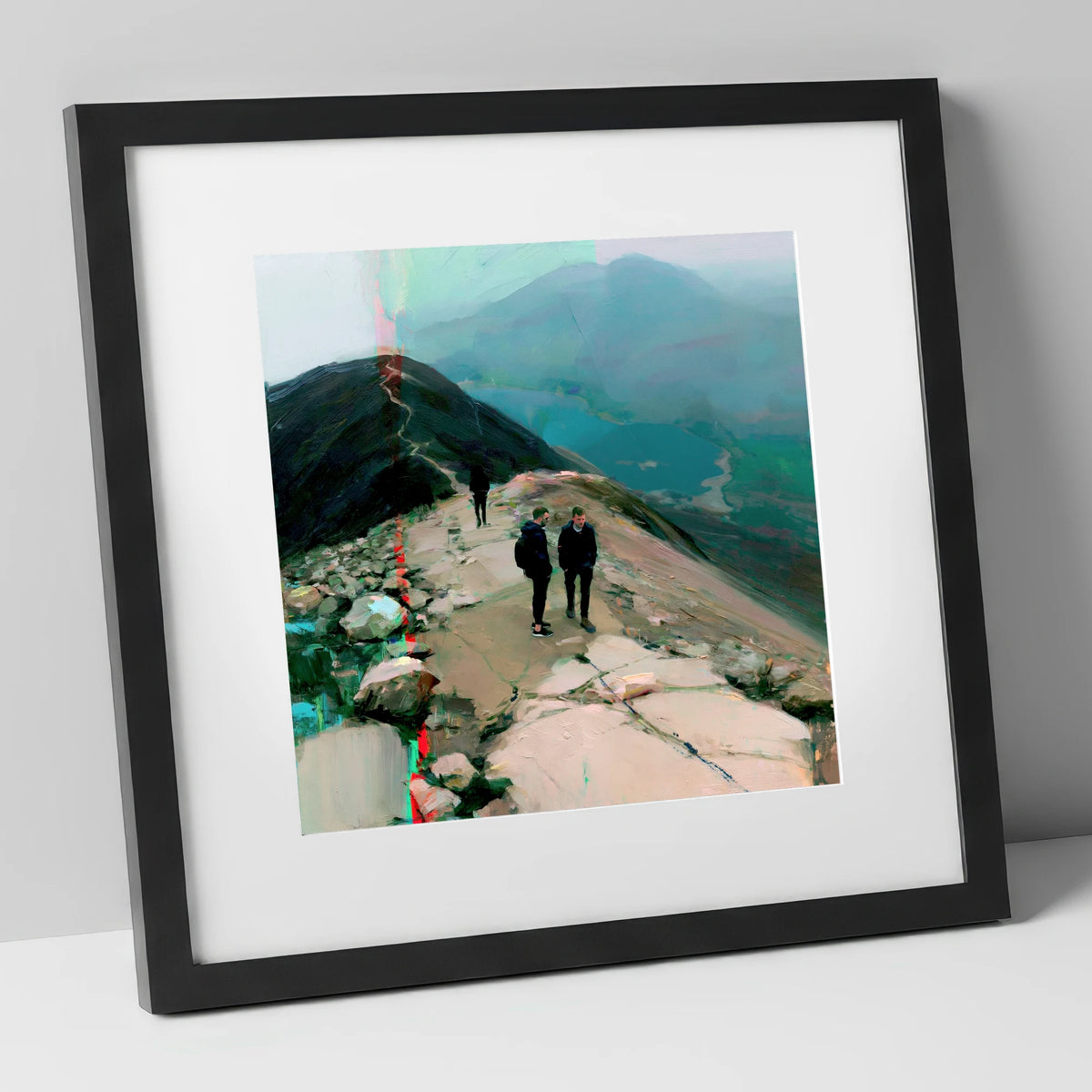 Mountain Hikers on Misty Ridge lake district fell art print in black frame