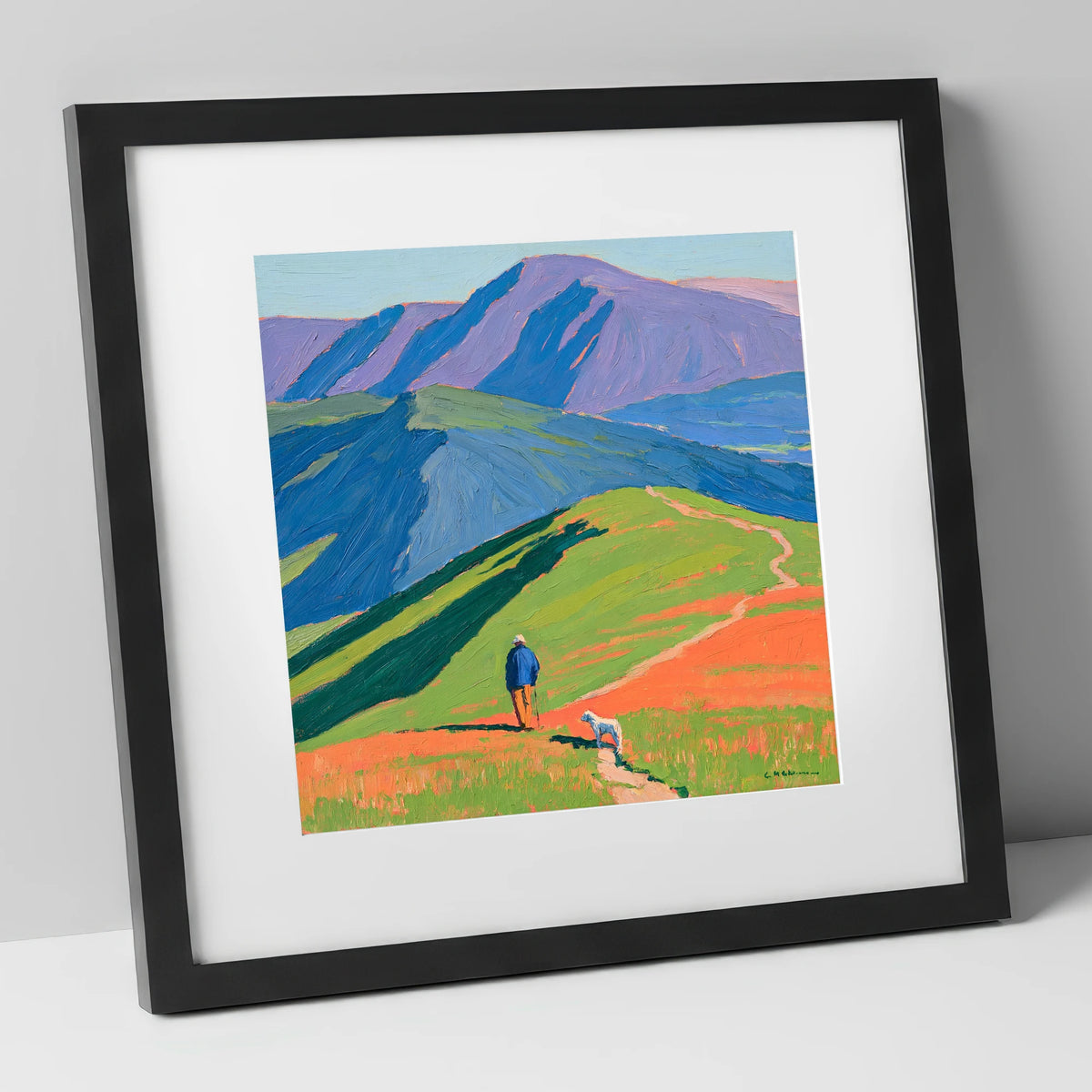 Vibrant Walker and Dog on Latrigg gifts for dog walkers art print in black frame