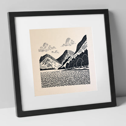 Striking Buttermere Fells and Lake lake district lake art print in black frame