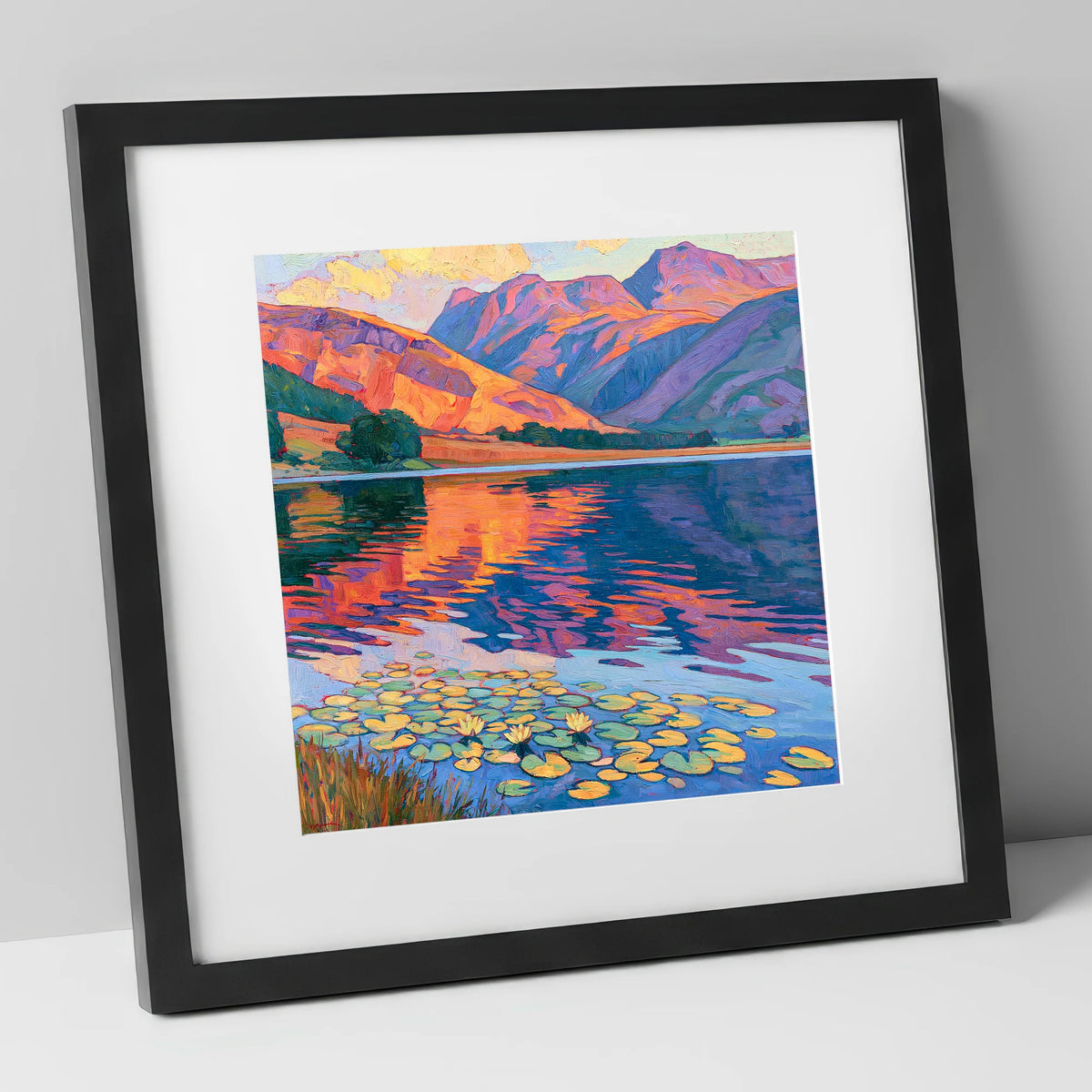 Sunset Reflections on Calm Lake lake district lake art print in black frame