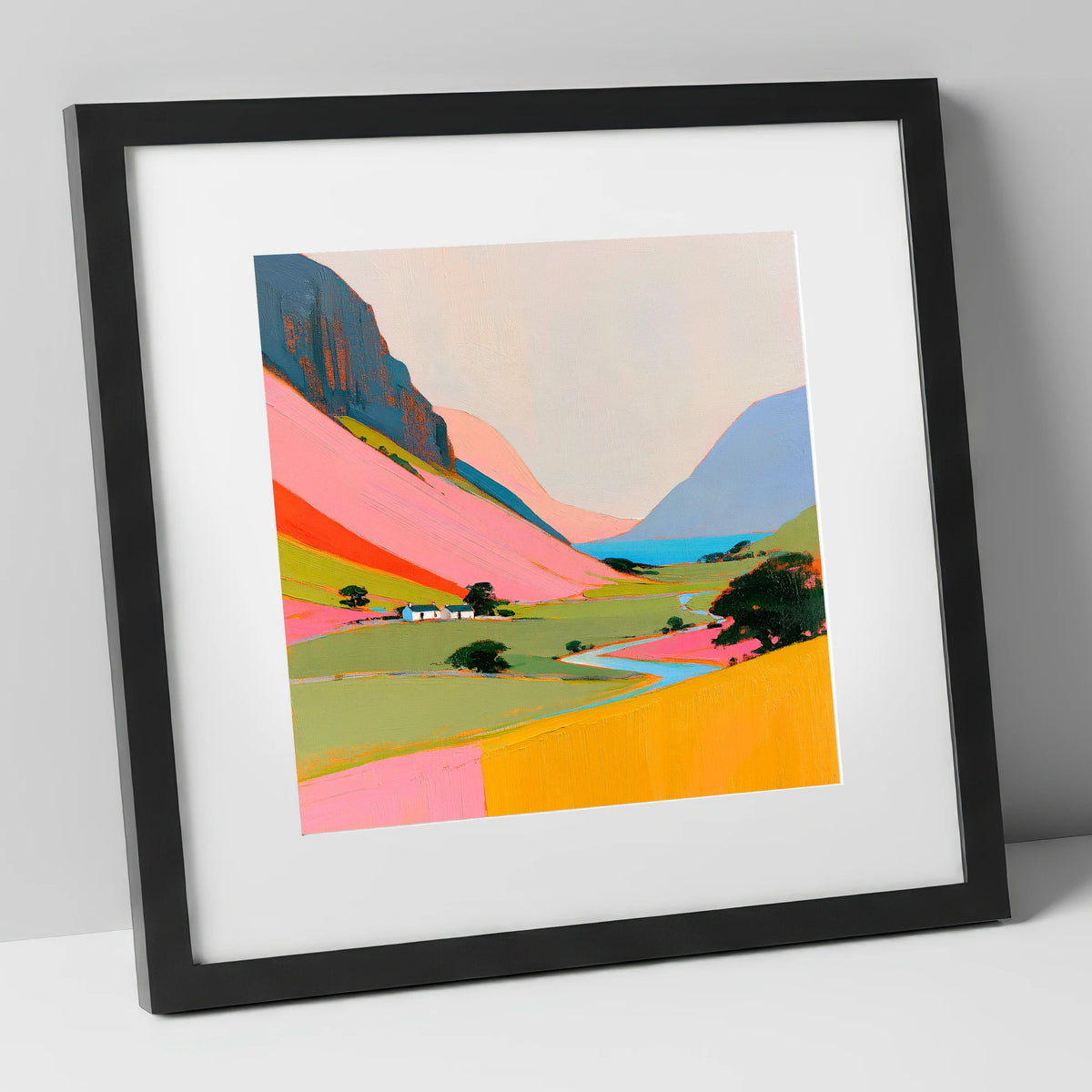 Colourful Valley Between the Fells lake district valley art print in black frame