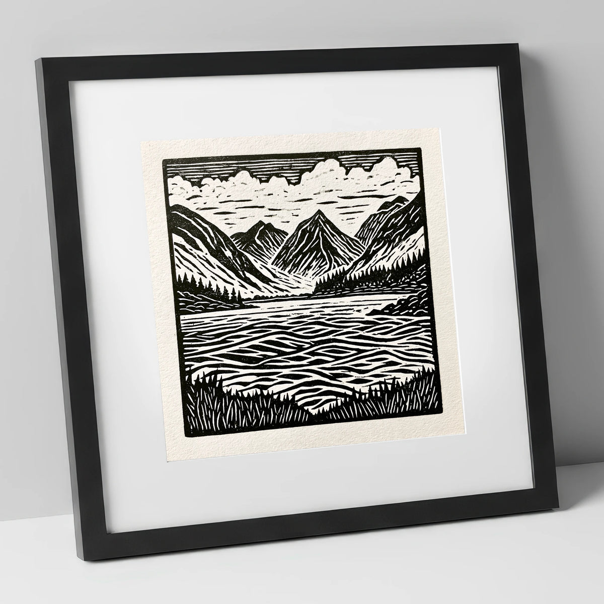 Bold Monochrome Ennerdale Landscape lake district valley art print in black frame