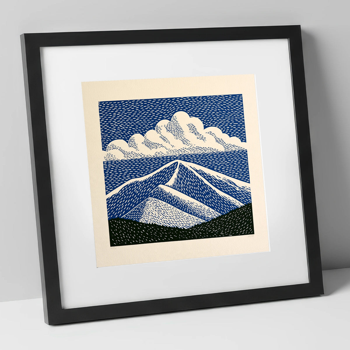 Bold Navy Blue Skiddaw Peak lake district fell art print in black frame