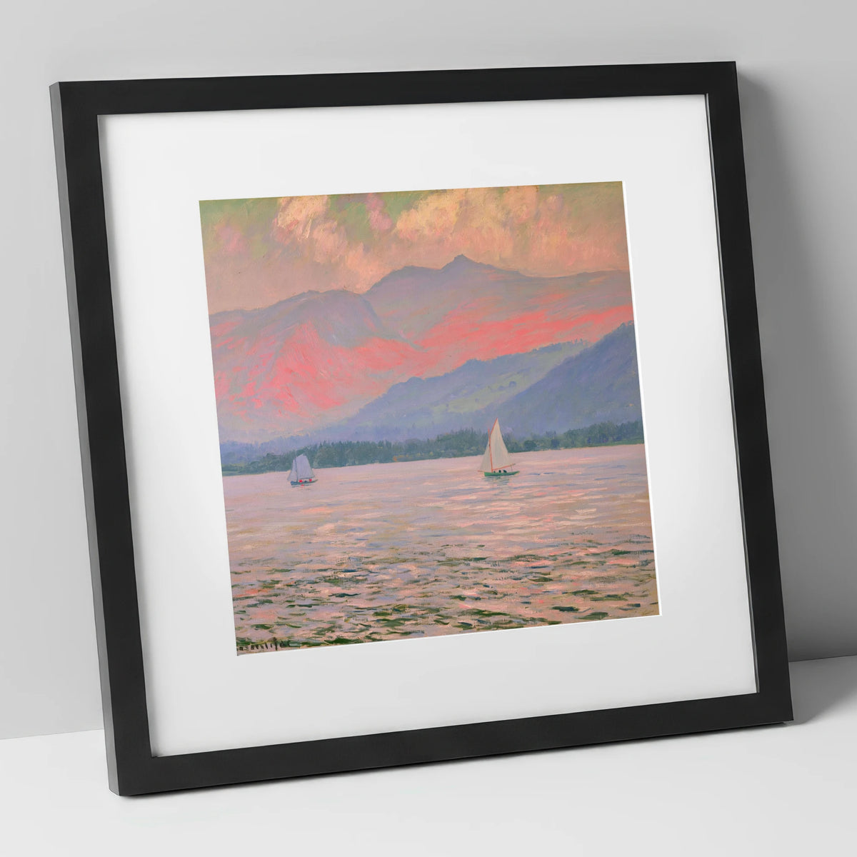 Windermere Sailboats In Rose Light lake district lake art print in black frame