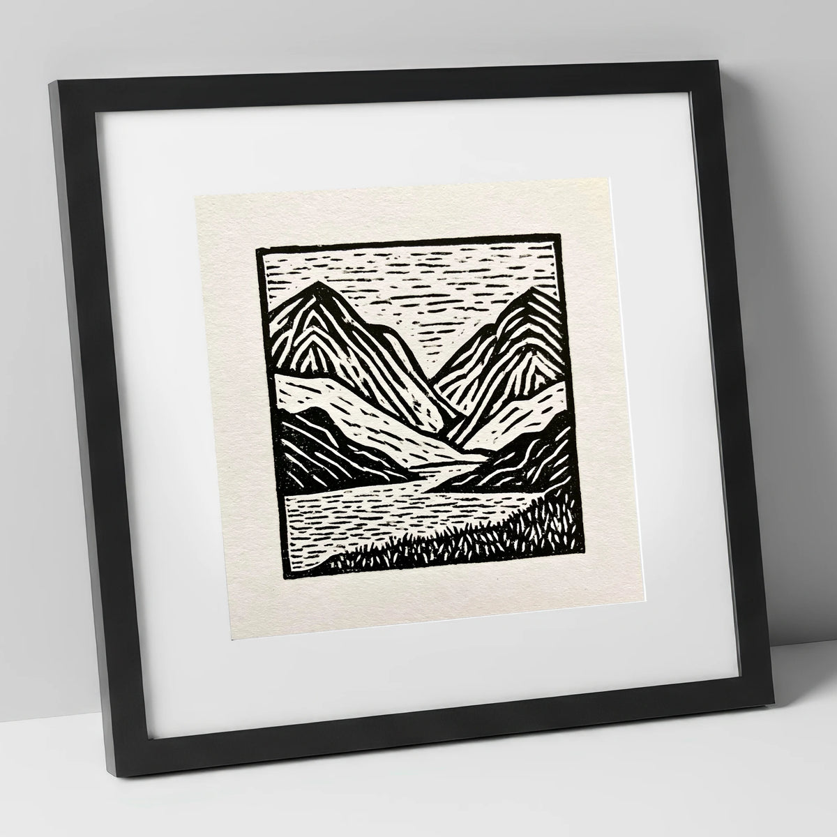 Lake and Fells in Monochrome lake district lake art print in black frame