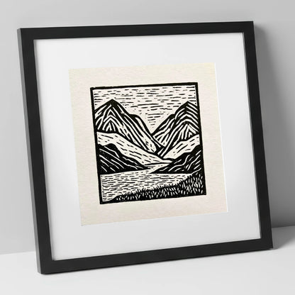 Lake and Fells in Monochrome lake district lake art print in black frame