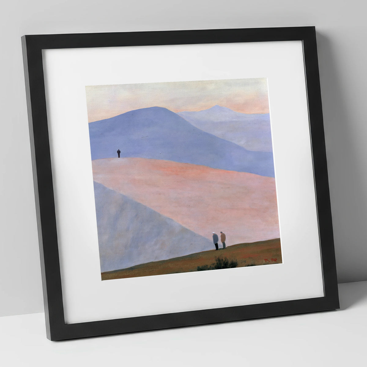 Hikers on Sweeping Pastel Fells lake district fell art print in black frame