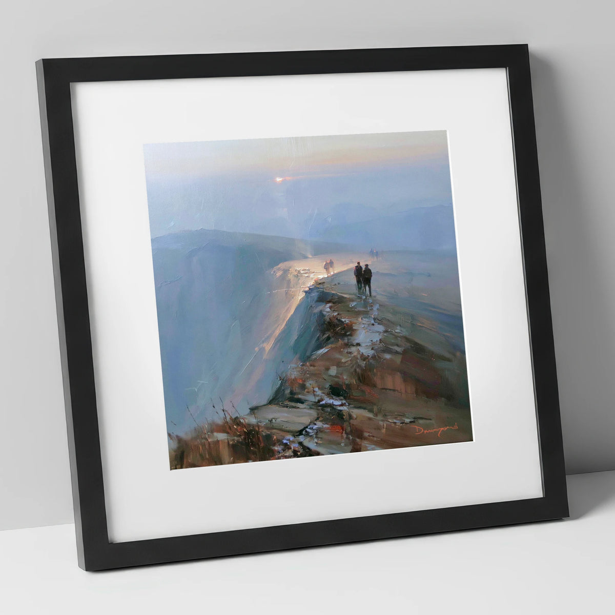 Hikers on a Hazy Fell Top lake district fell art print in black frame