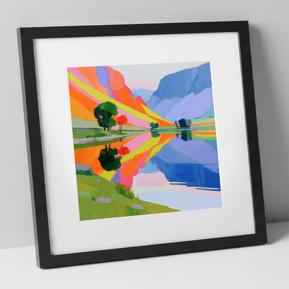 Bright Fells Reflected in Calm Lake lake district lake art print in black frame